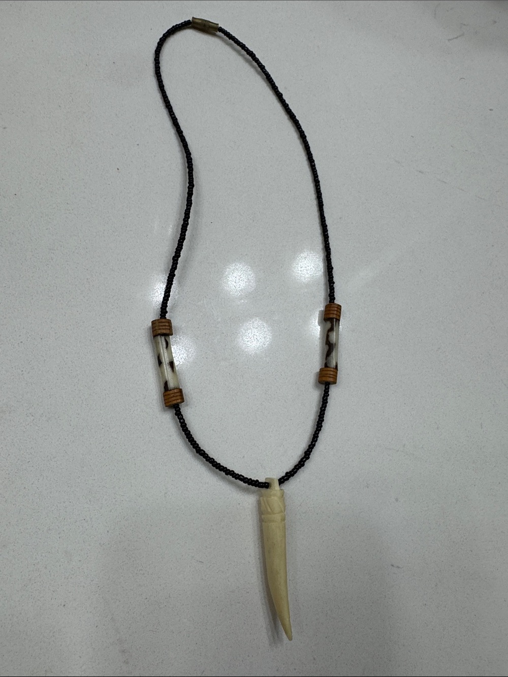 Men’s Black Beaded Necklace with Cream Tusk Pendant
